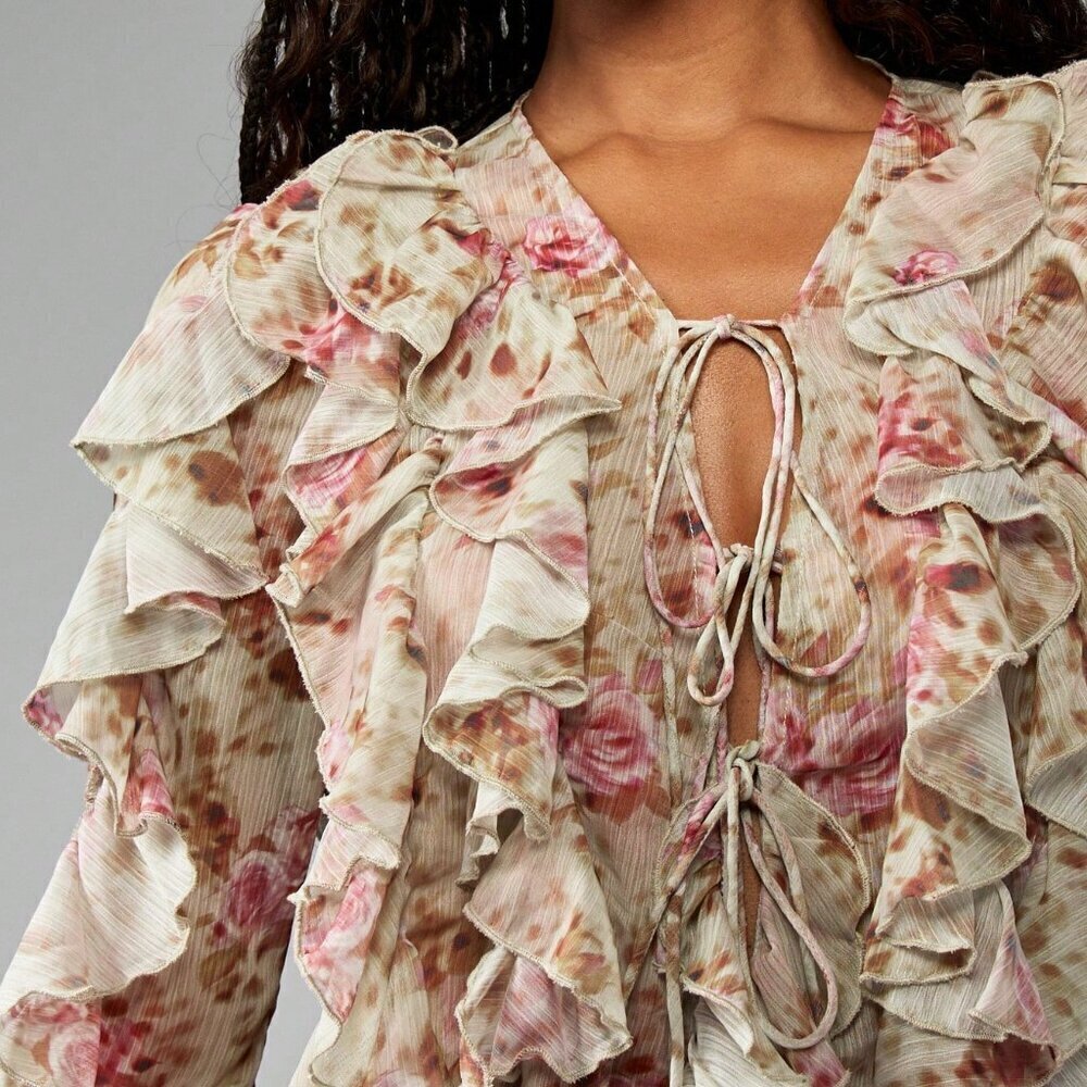 Multicolor Boho Women's Floral Ruffled Chiffon Long Sleeve Tie Front blouse - Picture 4 of 6